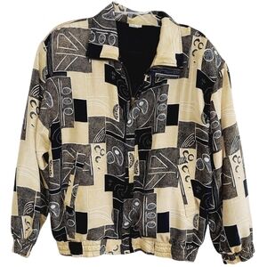 Vintage Fuda International Woman's Large Silk Bomber Jacket Geometric Black 90s